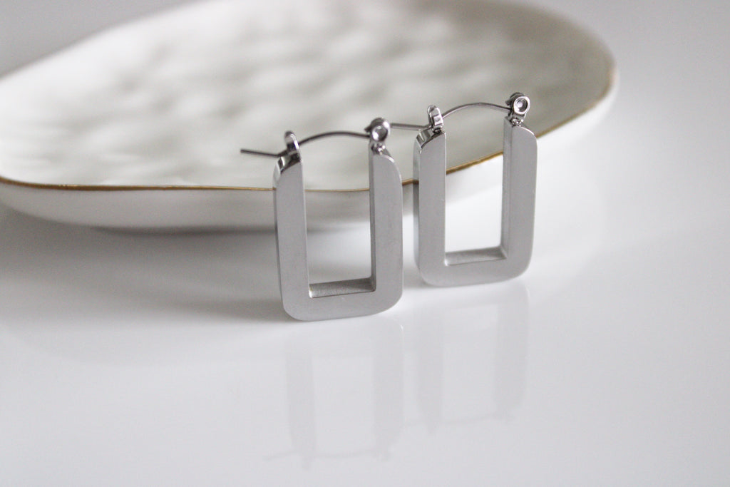 Retro Square Hoop Earrings - Silver