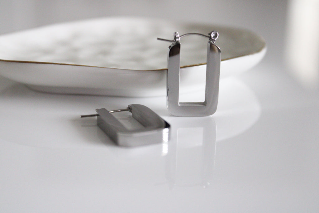 Retro Square Hoop Earrings - Silver