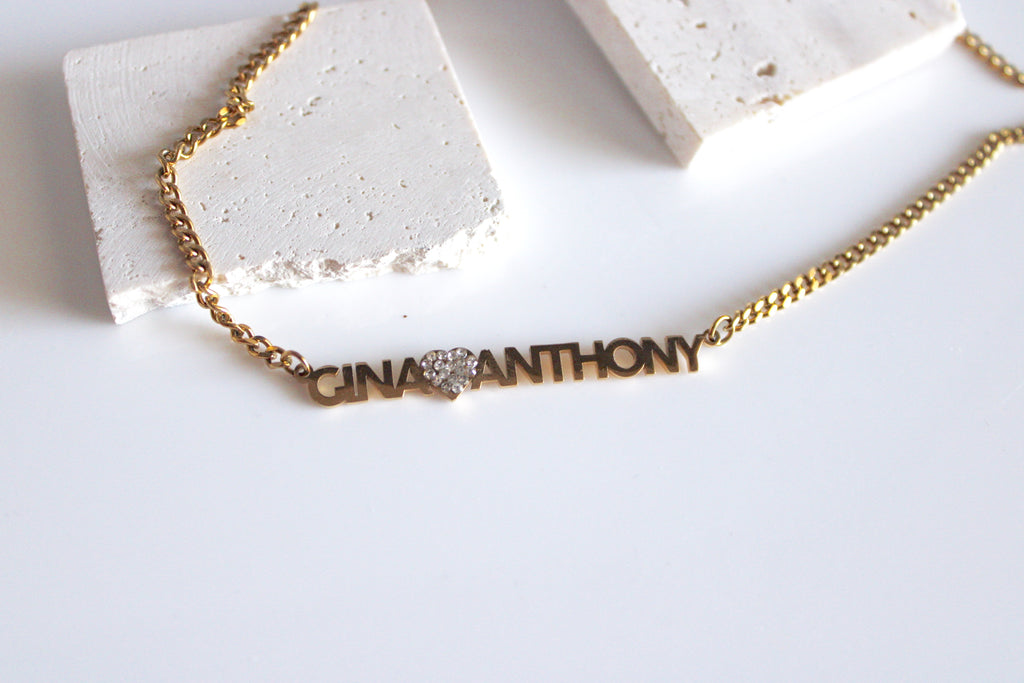 Couples Name Necklace w/ Bling Heart