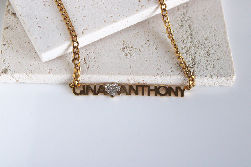 Couples Name Necklace w/ Bling Heart